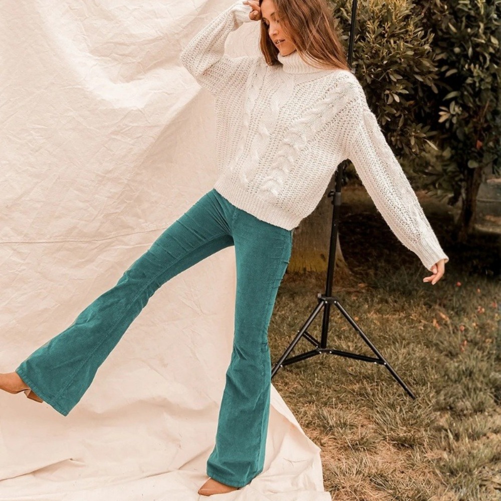 Free People We the Free Pull-On Forest Green Corduroy Flare Pant Size 31 Altered